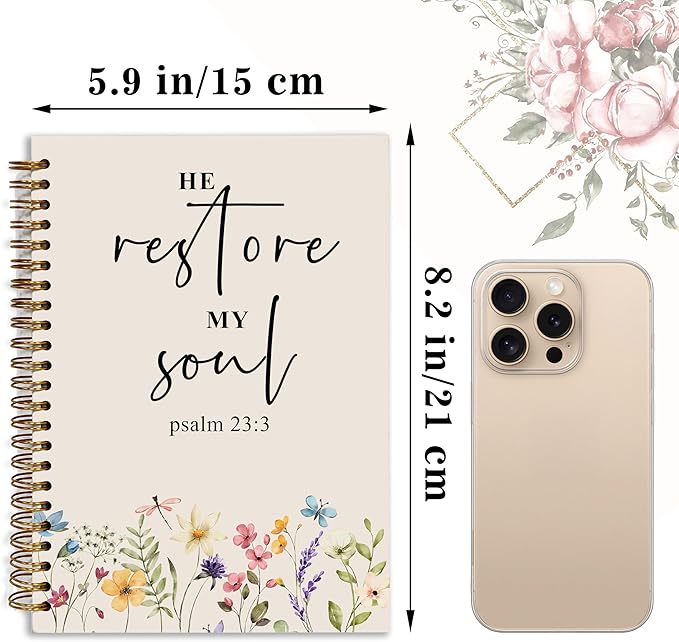 Bible Notebook, A5 Spiral Christian Journal with Floral Pink Butterfly Notebook, Bible Verse-He Restores My Soul, Inspirational Notebooks for Women, Bible Study, Gift for Birthday Christmas