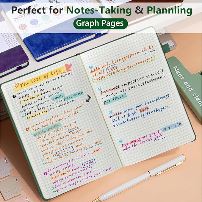 PERCUN Graph Paper Notebook, 160 Pages Grid Journal for women & men, A5 Hardcover Leather Graphing Notebook for School, Work, Travel, Note Taking 5.9”x8.5” (Green)