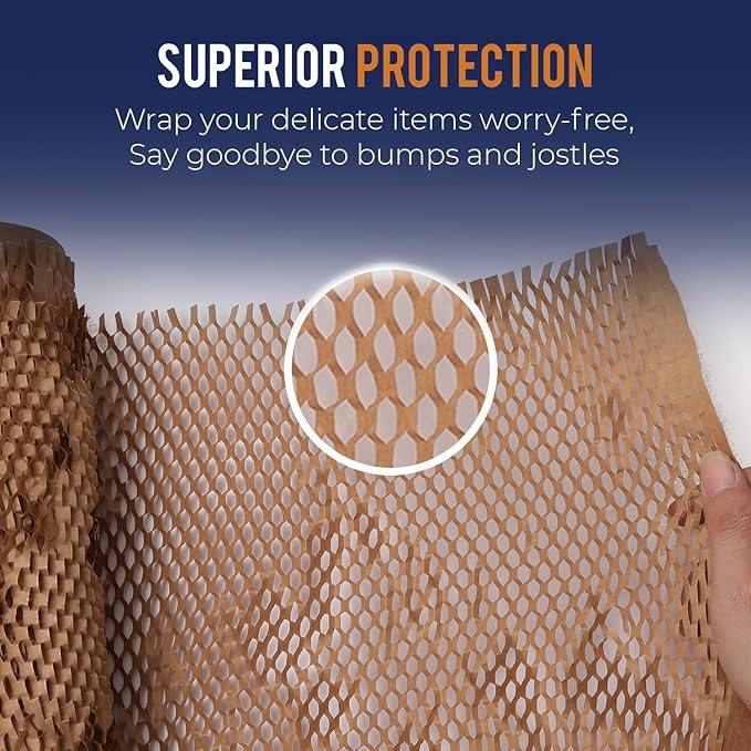 Honeycomb Packing Paper 12" x 55ft with Rope & 20 Fragile Stickers|Shipping & Moving Supplies|Small Business Packaging Supplies|Eco Friendly Bubble Wrap Packing Boxes for Moving Certified FSC C204227