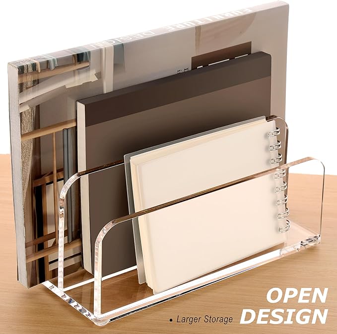 SANRUI Acrylic Mail Sorter Desktop Organizer Holder, 2 Compartments Clear Small File Script Letter Office Document Storage for Desk Bill Filling Envelope Holder Office, Home, School Desk Organization