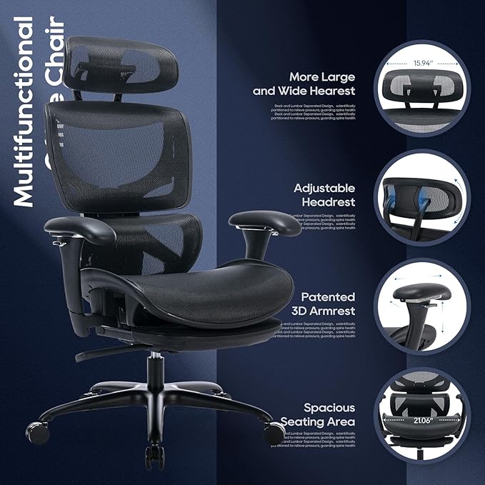 COLAMY Ergonomic Mesh Office Chair with Footrest, Executive High Back Computer Desk Chair with Wide Headrest and Adjustable 3D Arms, Backrest, Tilt Lock and Lumbar Support(Black)