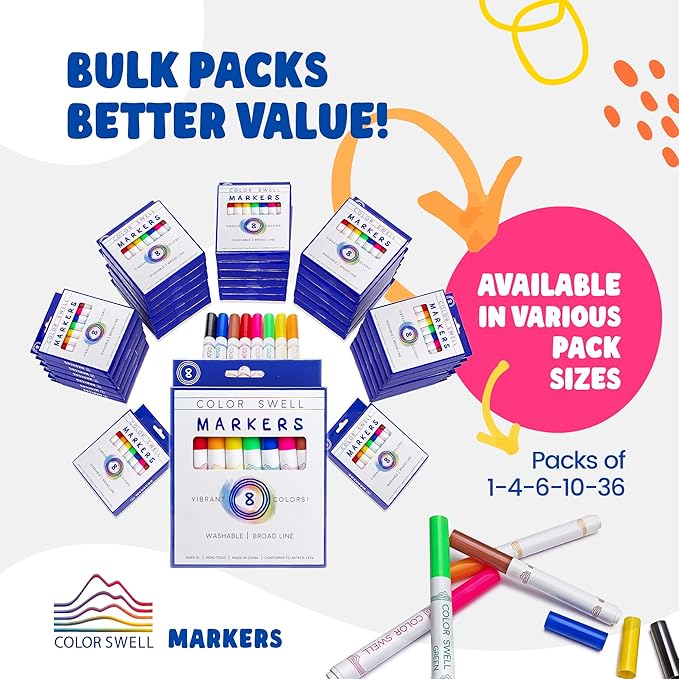 Color Swell Bulk Washable Markers (288 Total) – 36 Packs, 8 Colors per Pack – Ideal for Teachers, Kids, Party Favors, Classrooms, Donations, Students - Broad Line Bulk Markers