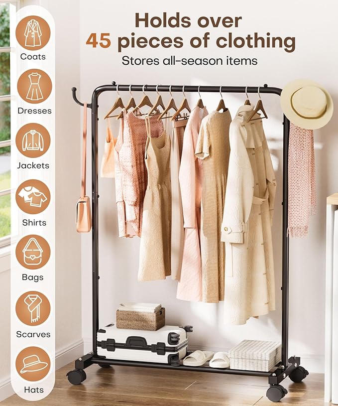 Homde Heavy Duty Clothes Rack: 120lb Standing Garment Storage for Indoor - Rolling Hanging Rod for Bedroom Laundry Room - Coat Dress Organizer on Wheels with luggage shelf (Black，32")