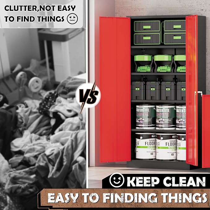 INTERGREAT Metal Lockable Storage Cabinet, 72” H Storage Cabinet with 2 Doors and 4 Adjustable Shelves for Office, Home, Garage, Pantry (Assembly Required, 18”D, Black Red)