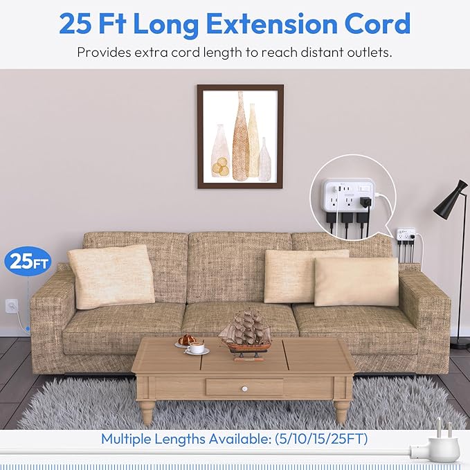 Flat Plug Extension Cord 25 ft, Surge Protector Power Strip, Outlet Extender with 6 Outlets 4 USB Ports, Overload Protection, Long Extension Cord with Multiple Outlets for Indoor, Home, Office, White