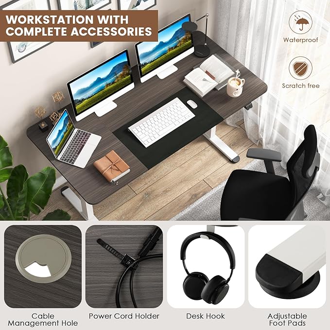 GOFLAME Height Adjustable Electric Standing Desk, 55 x 28 Inch Sit Stand Up Electric Desk with Headphone Hook, Ergonomic Standing Workstation, Electric Standing Desk with Metal Frame, Dark Grey