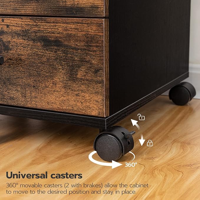 HOOBRO 5-Drawer File Cabinet, Office Filing Cabinet with Drawers, Wooden Mobile Storage Cabinet with Wheels, for Makeup, Home Office, Easy Assembly, Rustic Brown BF05WJ01G1