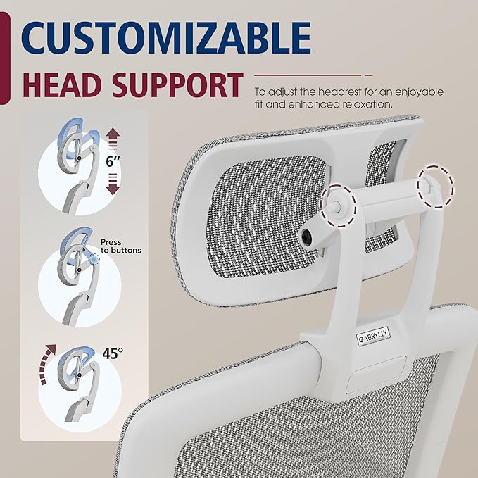 GABRYLLY Ergonomic Office Chair, High Back Home Desk Chair with Headrest, Flip-Up Arms, 90-120° Tilt Lock and Wide Cushion, Big and Tall Mesh Chairs for Man Woman, White Task Chair