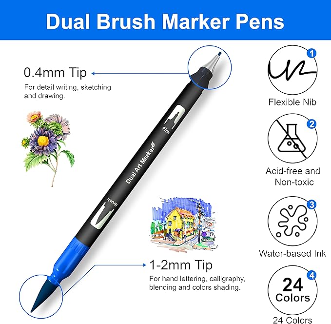 Dual Brush Marker Pens, 24 Colors Art Markers with Fine and Brush Tip Coloring Markers for Adults, Marker for Journaling Calligraphy Drawing Sketching Doodling Illustrating