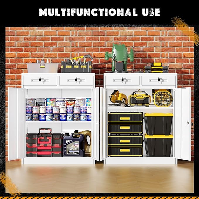 Greenvelly Metal Storage Cabinet, 42' White Steel Garage Cabinet with 2 Doors, Adjustable Shelves, Locking for Office, School or Tool Organization