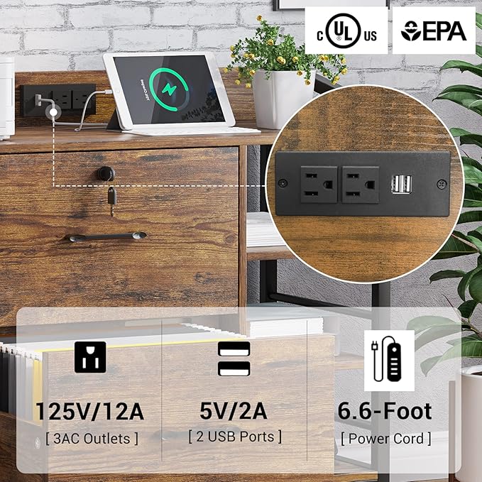 SEDETA 44" File Cabinet, Filing Cabinet fits Legal/Letter Size, 2 Drawer File Cabinets for Home Office with Lock, Power Strip, 6 Storage Shelves, Rustic Brown