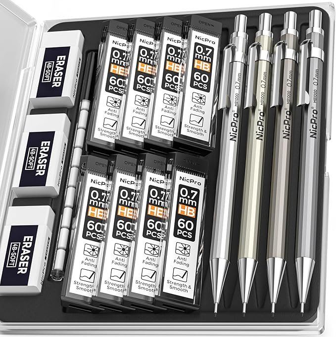 Nicpro 4 Pack Mechanical Pencil 0.7mm with Case, MB1000 Metal Mechanical Pencil Set with 8 Tube HB #2 Lead Refill 0.7 mm, 3PCS 4B Eraser, 9 Cap Eraser for Artist Drafting Writing, Sketching, Drawing