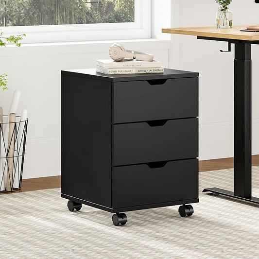Farini 3-Drawer Under Desk Wooden File Storage Cabinet with Lockable Caster for Home Office,Black,Fully Assembly