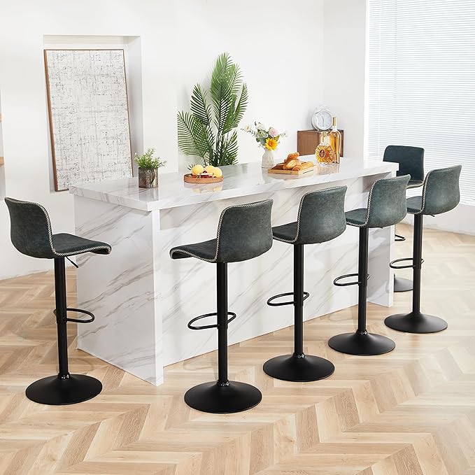 HeuGah Bar Stools Set of 3, Swivel Counter Height Barstools with Back, Adjustable Height 24" to 32", Faux Leather Bar Chairs for Kitchen Island (Deep Teal, Set of 3 (24'' to 32''))