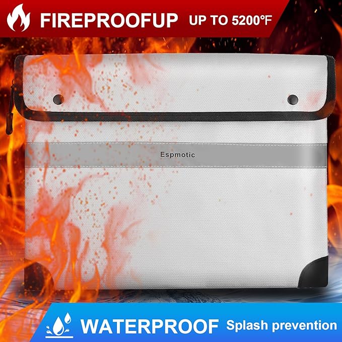 Fireproof Document Bag – 5200°F Heat-Resistant, 10.6"x14.2" Waterproof Money Pouch with 8-Layer Protection, Zipper and Snap Closure, Reflective Strip for Quick Access, Gray