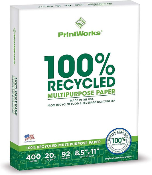 PrintWorks 100% Recycled Printer Paper 8.5" x 11" White - 20 lb Copy & Multipurpose Computer Paper - 1 Pack, 400 Sheets - Made in the USA - 92 Bright - Printer & Copier Compatible (00018)