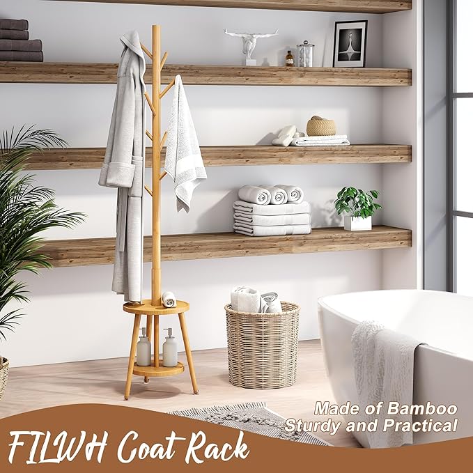 FILWH Freestanding Coat Rack with Umbrella Organizer Tray Bamboo Coat Tree Rack with 8 Hook Stand for Clothes Bag Hats Entryway Hanger Stand(Nature)
