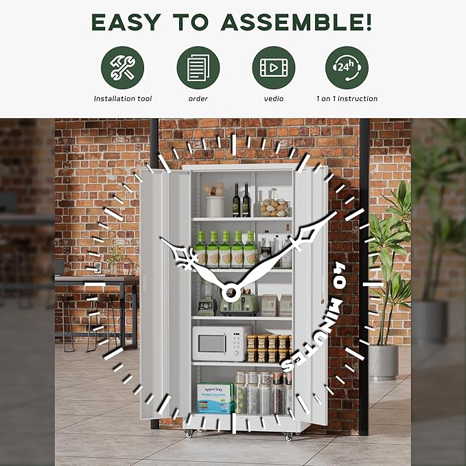 Greenvelly 73" Metal Storage Cabinet with Wheel and Pegboard, Lockable White Metal Garage Cabinets with 2 Doors and 4 Adjustable Shelves, Rolling Steel Tool Cabinet for Garage, Home Office, School