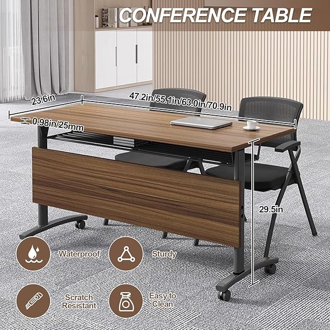 Folding Conference Room Table, Modern Conference Tables with Wheels, Large Rectangular Mobile Training Tables for Office Classroom, Foldable Modular Boardroom Seminar Table Walnut (10pack L47.2in)