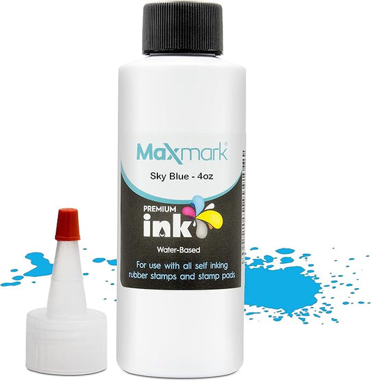 MaxMark Premium Refill Ink for self Inking Stamps and Stamp Pads, Sky Blue Color - 4 oz.