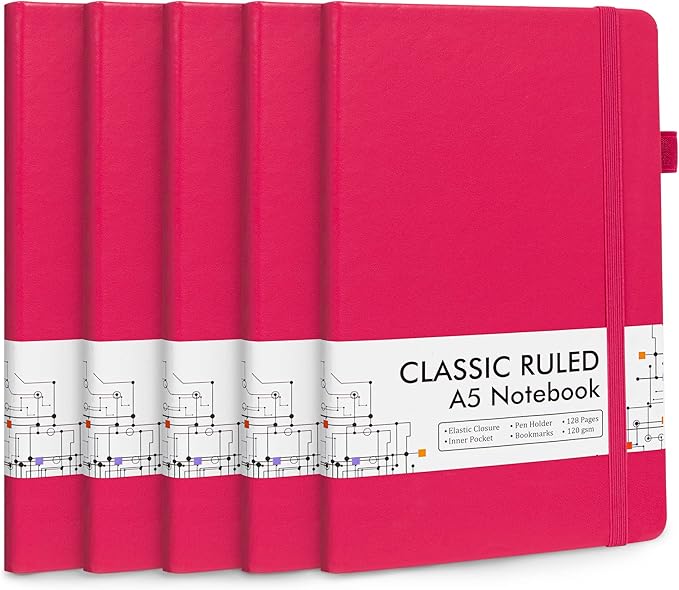 feela 5 Pack Notebooks Journals Bulk, Hardcover Notebook Classic Ruled Lined Journals with Pen Holder for Women Girls School Business Supplies, with 5 Black Pens, 120 GSM, 5.1”x8.3”, A5, Berry