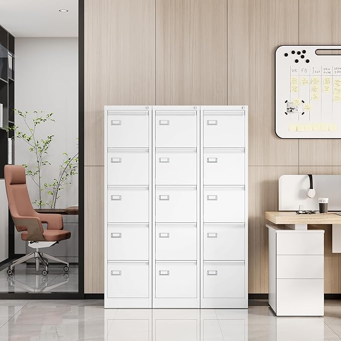 File Cabinets - 5 Drawers Vertical 17.8" Deep Lockable Filing Cabinet - White Metal Storage Cabinets for Home Office to Hanging Files Letter/Legal/F4/A4 Size