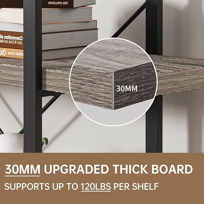 Heavy Duty 4-Tier Industrial Bookcase, 47" Wide Wood Bookshelf for Home Office, 120lbs Shelf Capacity, Rustic Shelving Display with Reinforced Horizontal Shelf for Living Room Bedroom,Grey