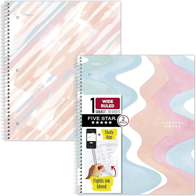 Five Star Spiral Notebook + Study App, 2 Pack, 1 Subject, Wide Ruled, 8" x 10-1/2", 80 Sheets, Fights Ink Bleed, Water Resistant Cover, Pastel Waves and Brush Strokes (930210F-ECM)
