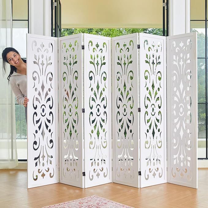 5.6Ft Room Divider Folding Wood Classical Carved Partition Screen for Home Office Garden - 6 Panels (White)