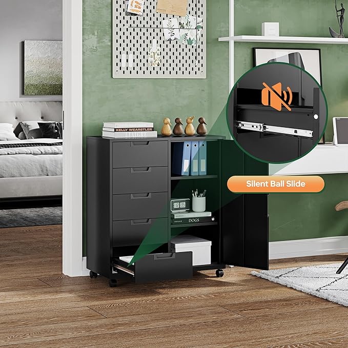 Letaya 5 Drawer Storage Cabinet, Mobile Printer Stand for Home Office,Dresser Chest with Shelves and Door(Black)
