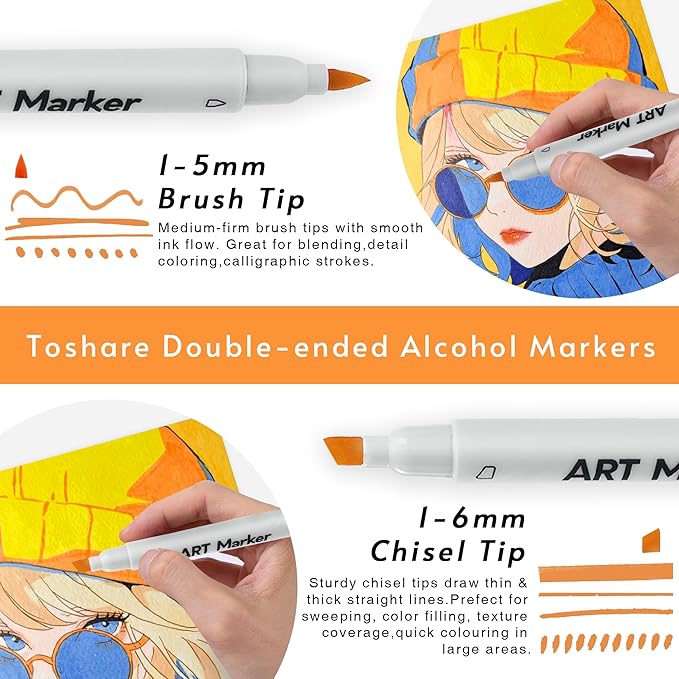 40 Colors Alcohol Markers - Double Tip Art Markers Alcohol Based Marker Brush&Chisel Nib Blender Art Pens Permanent Sketch Marker for Kids Adults Coloring and Artist Illustration