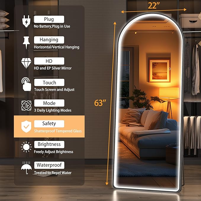 Hasipu 63" x 22" Led Mirror Full Length, Full Body Mirror with Lights, Arch Design, Wall Mounted, English Style