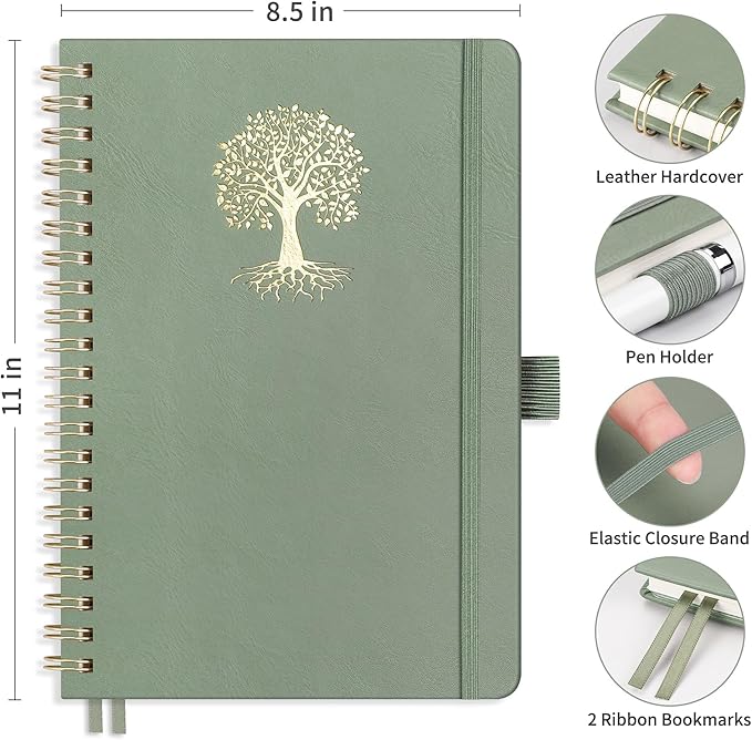 RETTACY Bullet Dotted Journal Notebook, 110 Pages, A4 Large Size (8.5" × 11"), Leather Hardcover, 100 GSM Thick Paper, Spiral-bound, for Bullet Journaling, Planning, Tracking (Light Green)