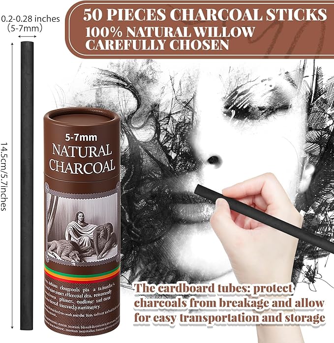 Gueevin 50 Pcs Willow Charcoal Sticks, Willow Charcoal, Artists, Beginners, Students, Perfect for Sketching, Drawing, Shading, and Fine Art (5-7mm)