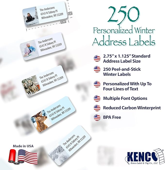 Customized Personalized Winter Holiday Address Labels - Made in The USA by Kenco (250 Labels, Winter)