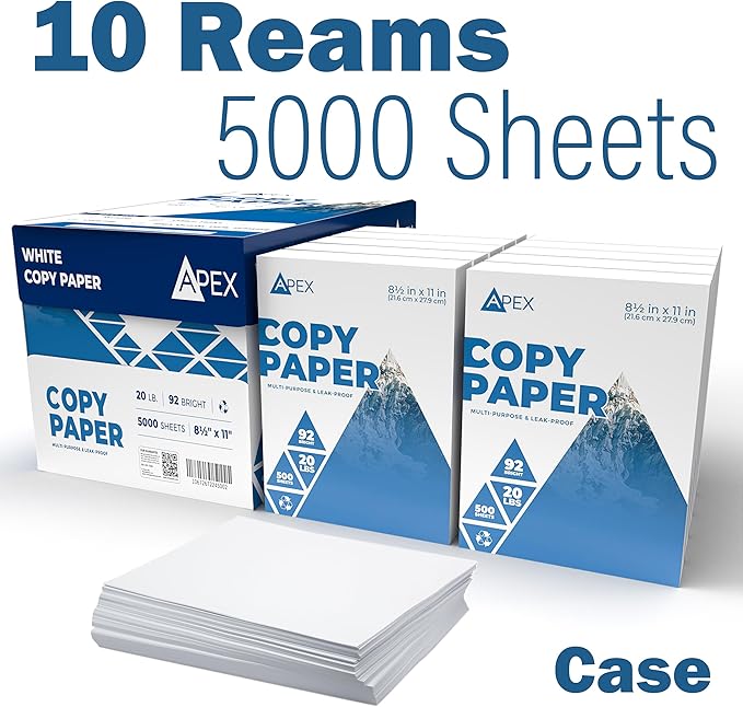 Copy Paper, Printer Paper, 20lb Multipurpose, Printer Paper 8.5 x 11 White, 92 Bright, White Paper, Office Supplies, 500 Sheets Per Ream (10 Reams Case 5000 Sheets)