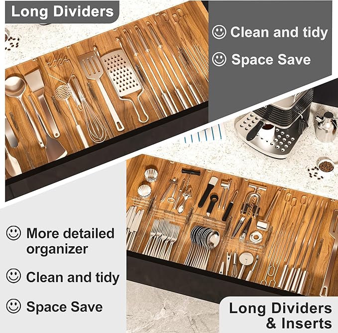 HiYZ Expandable Drawer Dividers with Inserts - Adjustable Drawer Organizers Separators for Kitchen, Bedroom, Dresser, Office, 8 Long Dividers(12.6-22.8 IN) with 10 Inserts(3.9-7.1 IN) - Clear