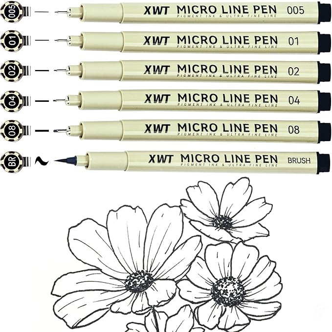 Micro Fineliner Pens 6 Size/Set, Ultra Fine Fineliner Pen, Brush Marker Pen, Water-based Black Pigment Ink, Drawing Journaling Doodle Supplies for Artists, Designers, Students