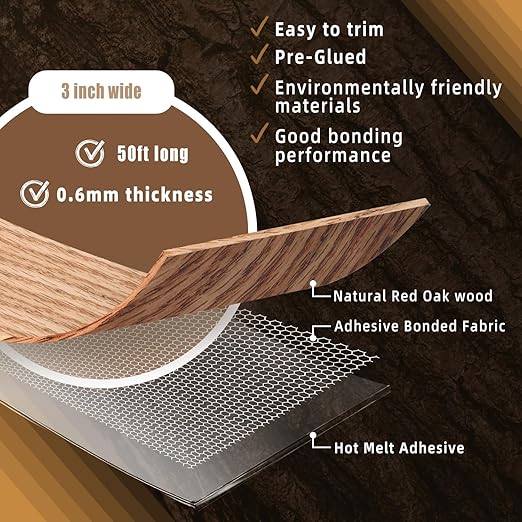GSCIT Club Red Oak Edge Banding, 3 inch x 50ft roll of Veneer Plywood Edge Banding Preglued Flexible, Wood Tape Banding for Cabinet Repair