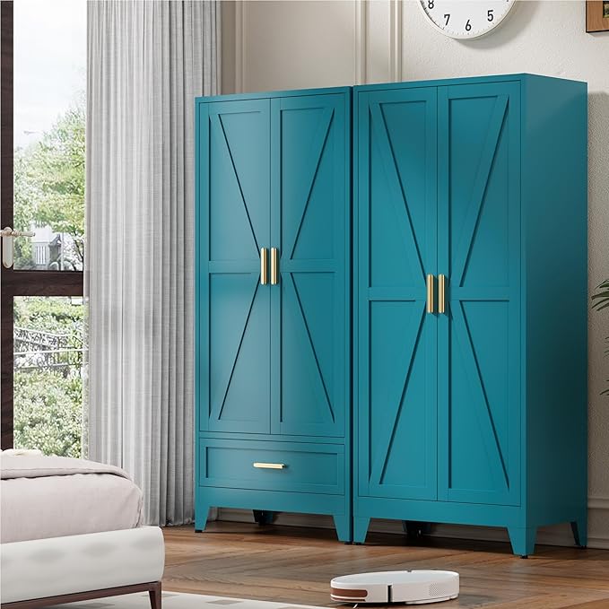 71'' Farmhouse Metal Wardrobe Cabinet with Hanging Rod, 2 Barn Door Wardrobe Closet with Adjustable Shelves,Drawer,for Dining Room,Bedroom,Living Room, Cloak Room,Office (Peacock Blue)