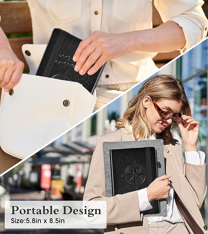 Lined Journal Notebook for Men Women, 160 Pages Ruled Paper, Inner Pocket, A5 Hardcover Vintage Leather Notebooks for Work, School, Travel Journaling, Daily Diary, Notepad 5.8" x 8.5" (Black)