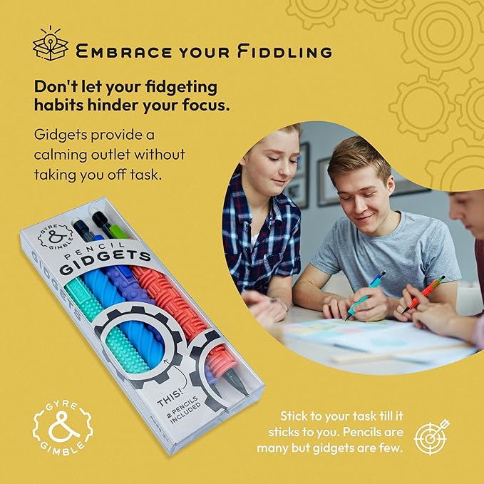 Gyre & Gimble Pencil Gidgets – Textured Silicone Pencil Sleeve for Quiet Fidgeting – Transform Your Mechanical Pencil into a Sensory ADHD Tool for Kids and Adults – 4 Sleeves & 2 Pencils