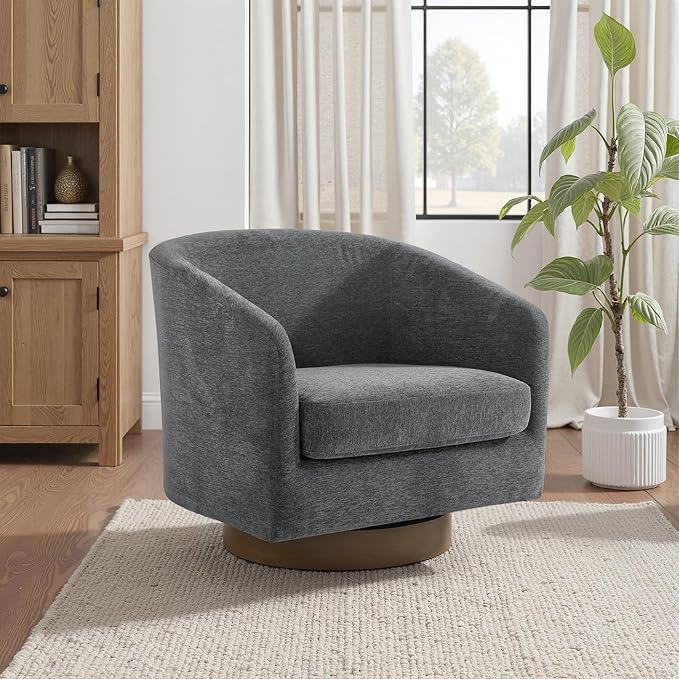 UIXE Swivel Accent Chair with Wood Base, Chenille Upholstered Barrel Chairs for Living Room, Comfy Round Armchair Single Sofa Bedroom Reading Seat - 31" W, Gray
