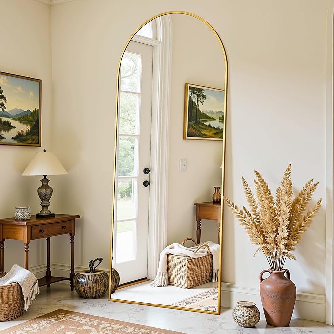 Full Length Mirror, 59"x18" Oversized Floor Mirror Freestanding, Full Body Mirror Floor Standing Mirrors with Stand, Hanging Mounted Mirrors for Bedroom Living Room, Gold, Arched Style