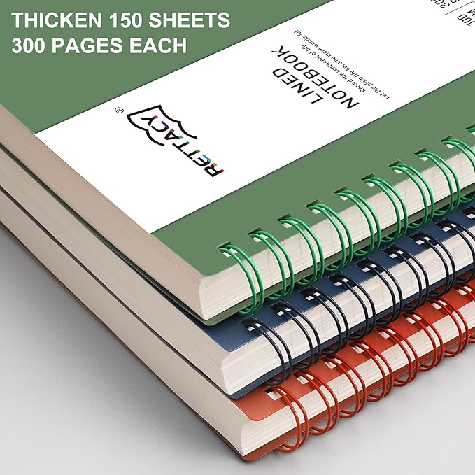 RETTACY Spiral College Ruled Notebook, 300 Pages, B5 Medium Size (7.4" x 10"), for School, Work, Writing, Journaling, 100 GSM Thick Paper, Flexible Plastic Cover (Dark Green)