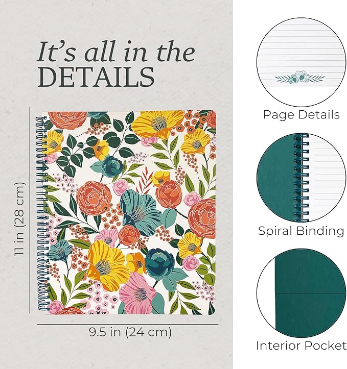 Steel Mill & Co Cute Large Spiral Notebook College Ruled, 11" x 9.5" with Durable Hardcover and 160 Lined Pages, Garden Blooms (Cream)