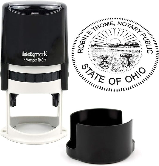 Round Notary Stamp for State of Ohio- Self Inking Stamp - Top Brand Unit with Bottom Locking Cover for Longer Lasting Stamp - 5 Year Warranty