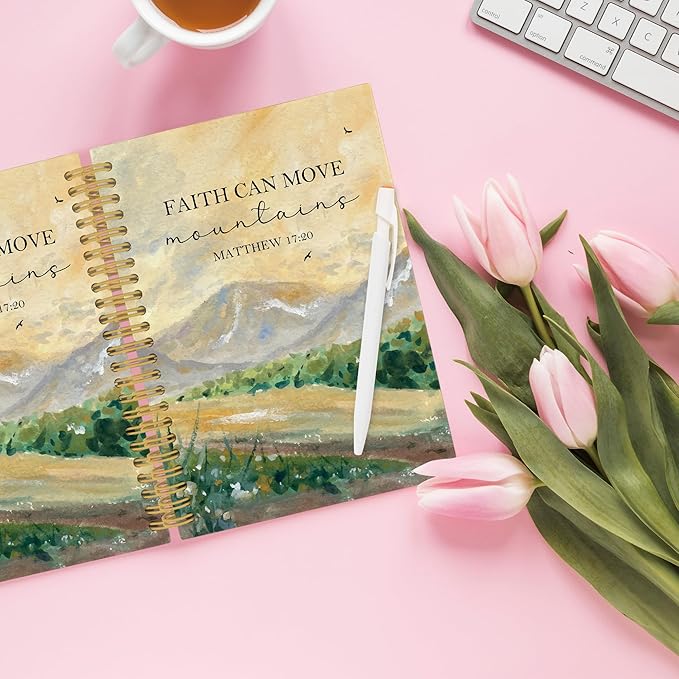 Faith Can Move Mountains Christian Spiral Notebook, Bible Journaling Notebooks for Women Men, Religious Hardcover Journals for Office 160 Pages 5.5 x 8.3 Inch, Christian Gifts for Women Faith