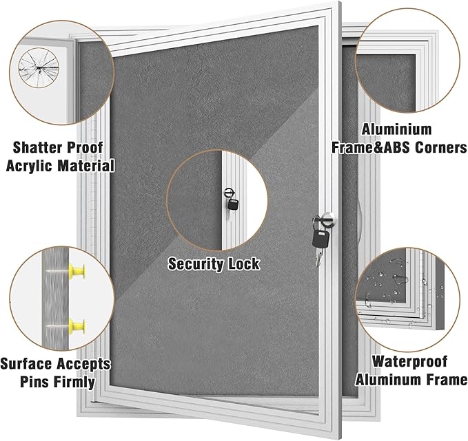 26"x20" Enclosed Bulletin Board, Outdoor Lockable Weather-Resistant Aluminum Cork Noticeboard for School & Office, Silver Frame w/Grey Flet