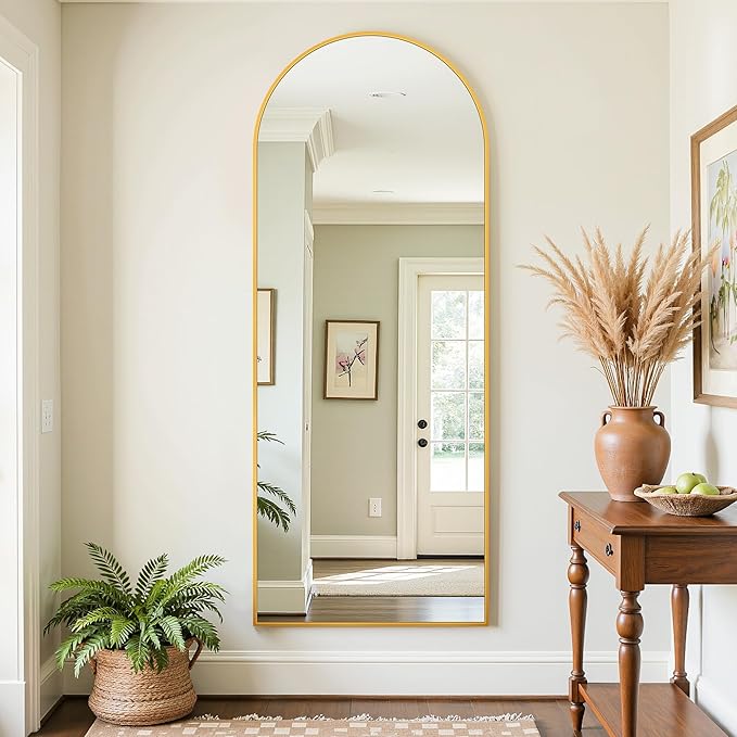 Full Length Mirror, 58"x21" Oversized Floor Mirror Freestanding, Full Body Mirror Floor Standing Mirrors with Stand, Hanging Mounted Mirrors for Bedroom Living Room, Gold, Arched Style